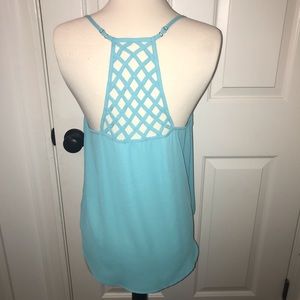 staccato teal top with cute cross back